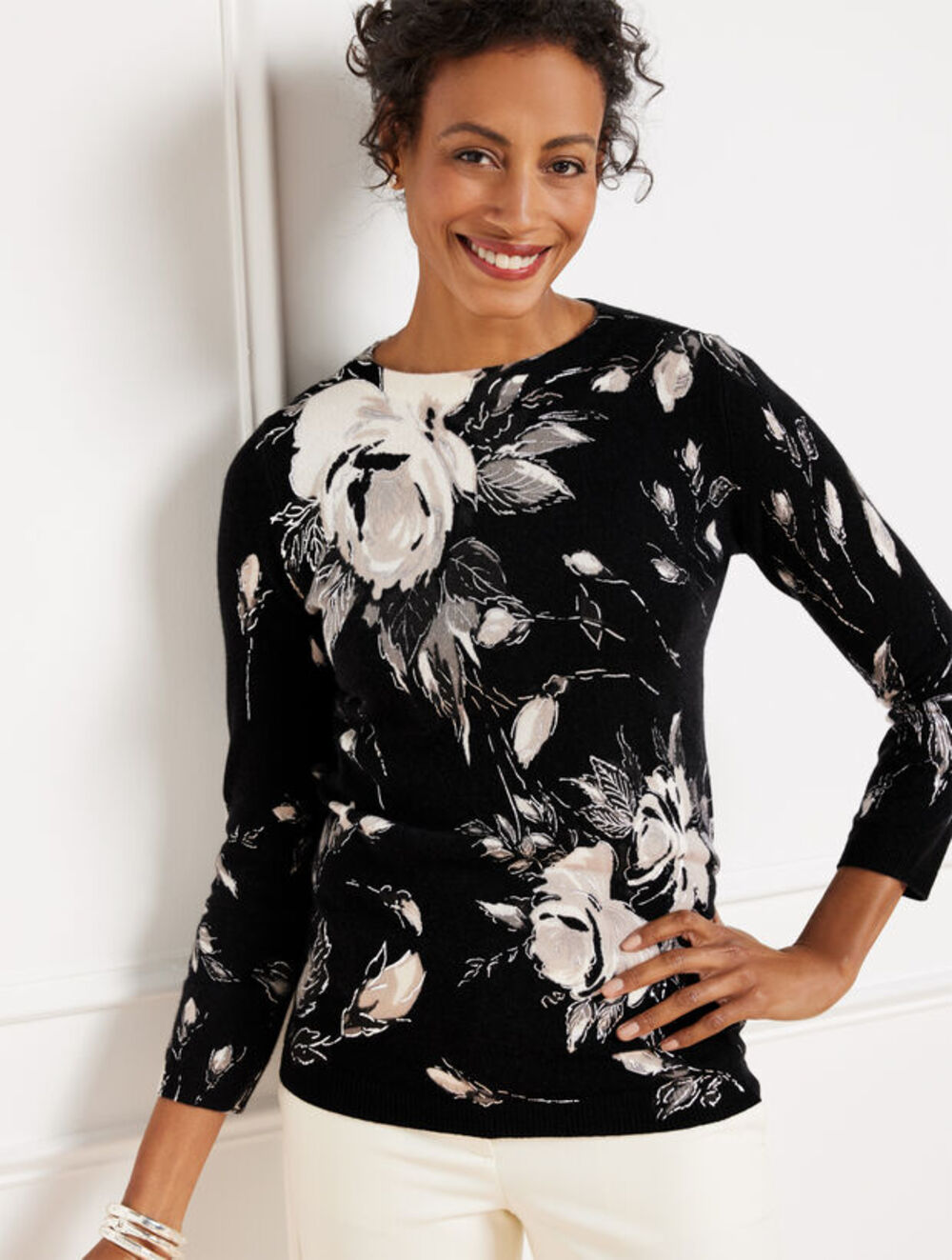 New Talbots Audrey Cashmere Sweater Black White Rose Floral 3/4 Sleeve Sz 2XP